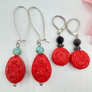 Red Carved Faux Cinnabar Earring Lot 2 Pair Asian Style Beaded Eastern Exotic